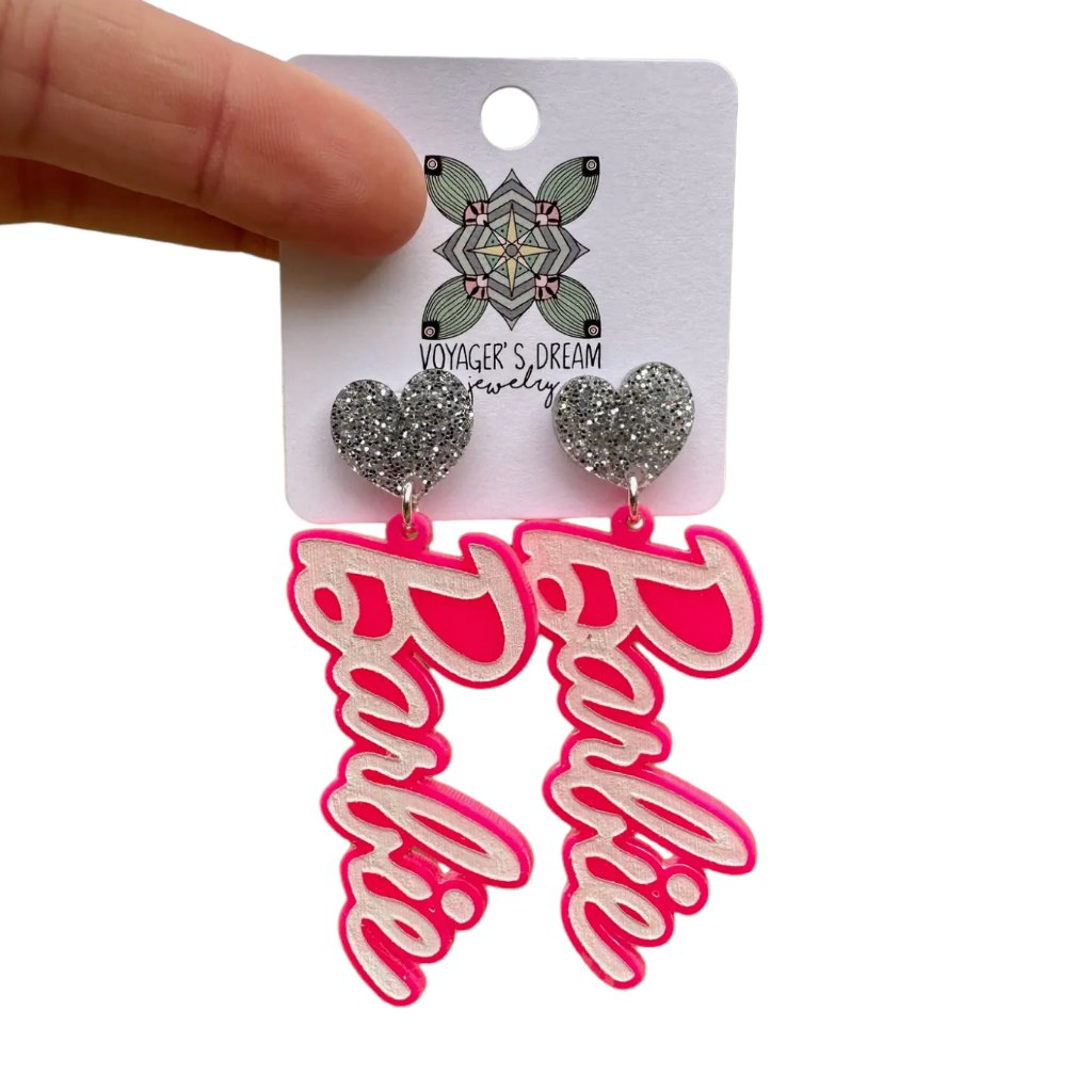 Nwt Barbie Barbiecore Earrings Drop Dangle Name Logo Glitter 14$